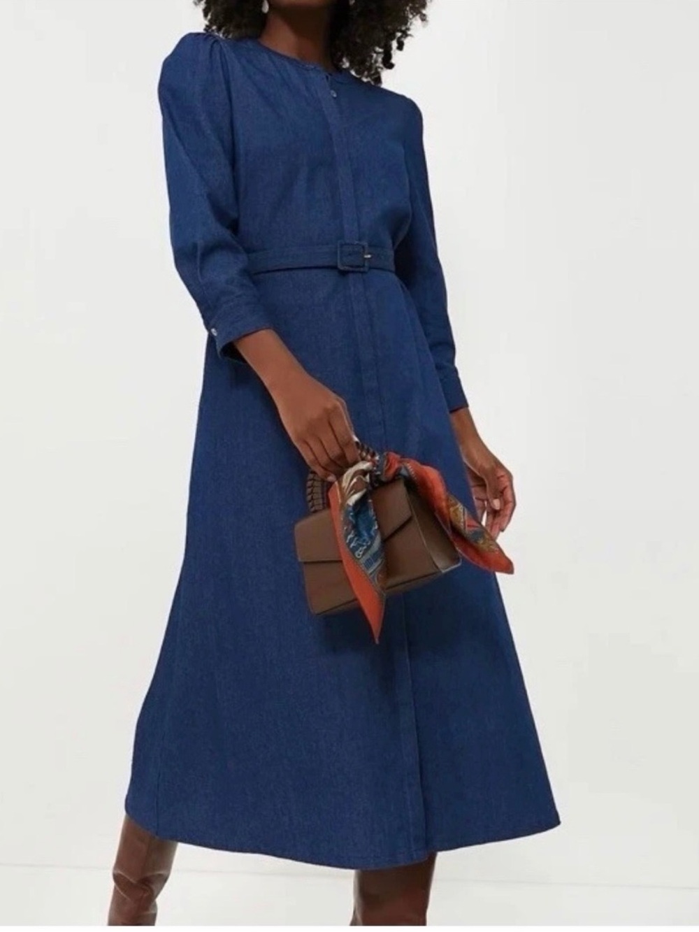 Tuckernuck Catherine Dress - Denim Blue Midi Button-Front Dress with Waist Belt
